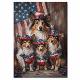 Mother Collie Dog and Three Puppies in Patriotic Hats and Flag-Themed Bandanas on Ready to Hang 1.5" Thick Canvas Wrap, Floating Framed Canvas, Flat Rolled Canvas